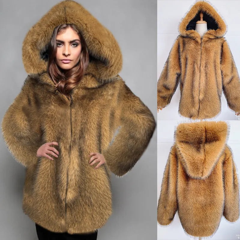 Silver grey loose-fitting artificial fur coat for women, mid-length style.