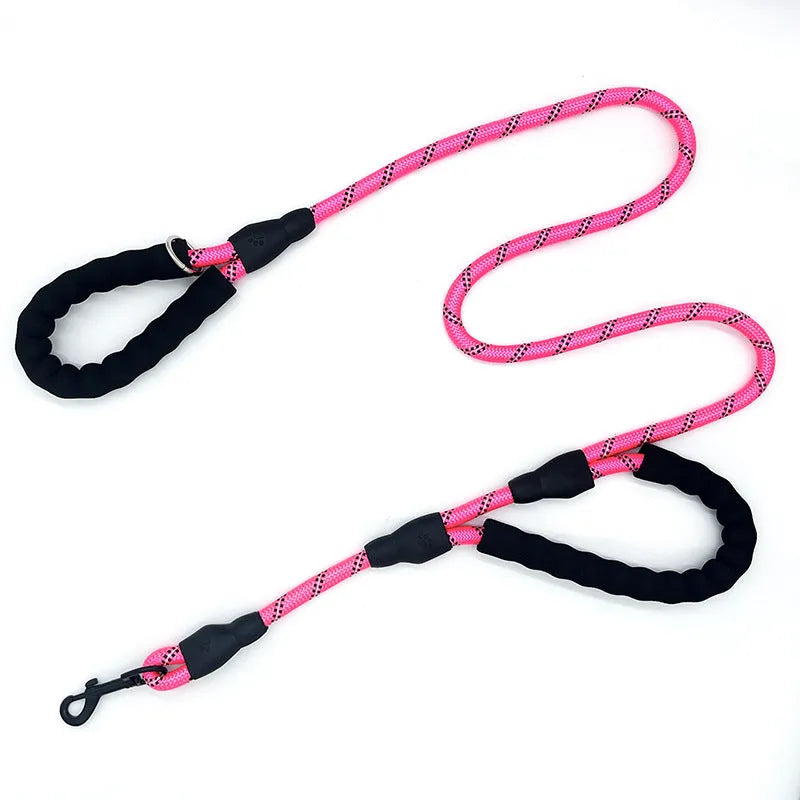 Pet dog double handle reflective nylon traction rope 1.5m x 1.2cm in black