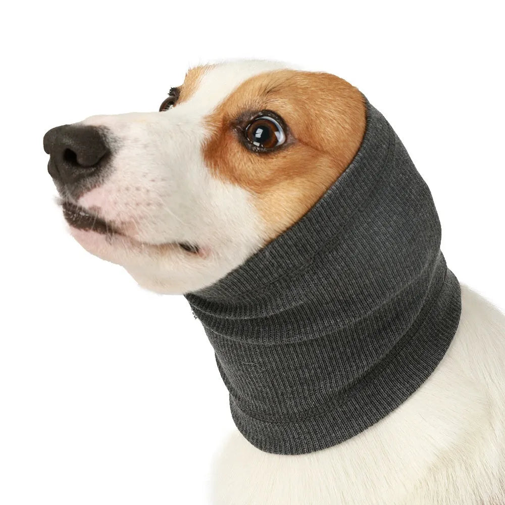Blue and grey polyester dog headband scarf accessory shown in small, medium, and large sizing options