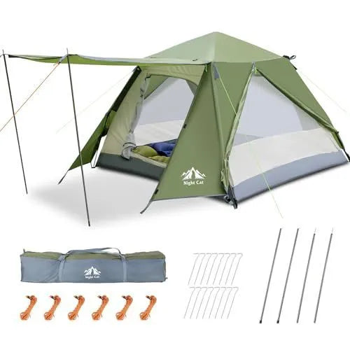 Dark green automatic pop-up two-person camping tent with waterproof rainfly shown in outdoor setting