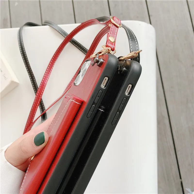 Leather phone case with card holder and crossbody rope for iPhone in khaki colour