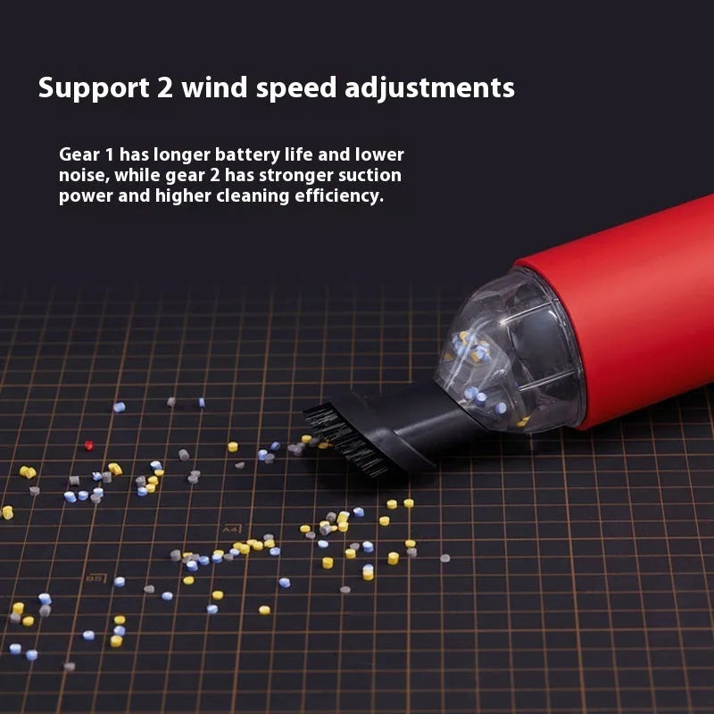 Portable handheld vacuum cleaner with nozzle for car interior and desktop dust removal, metal and plastic build