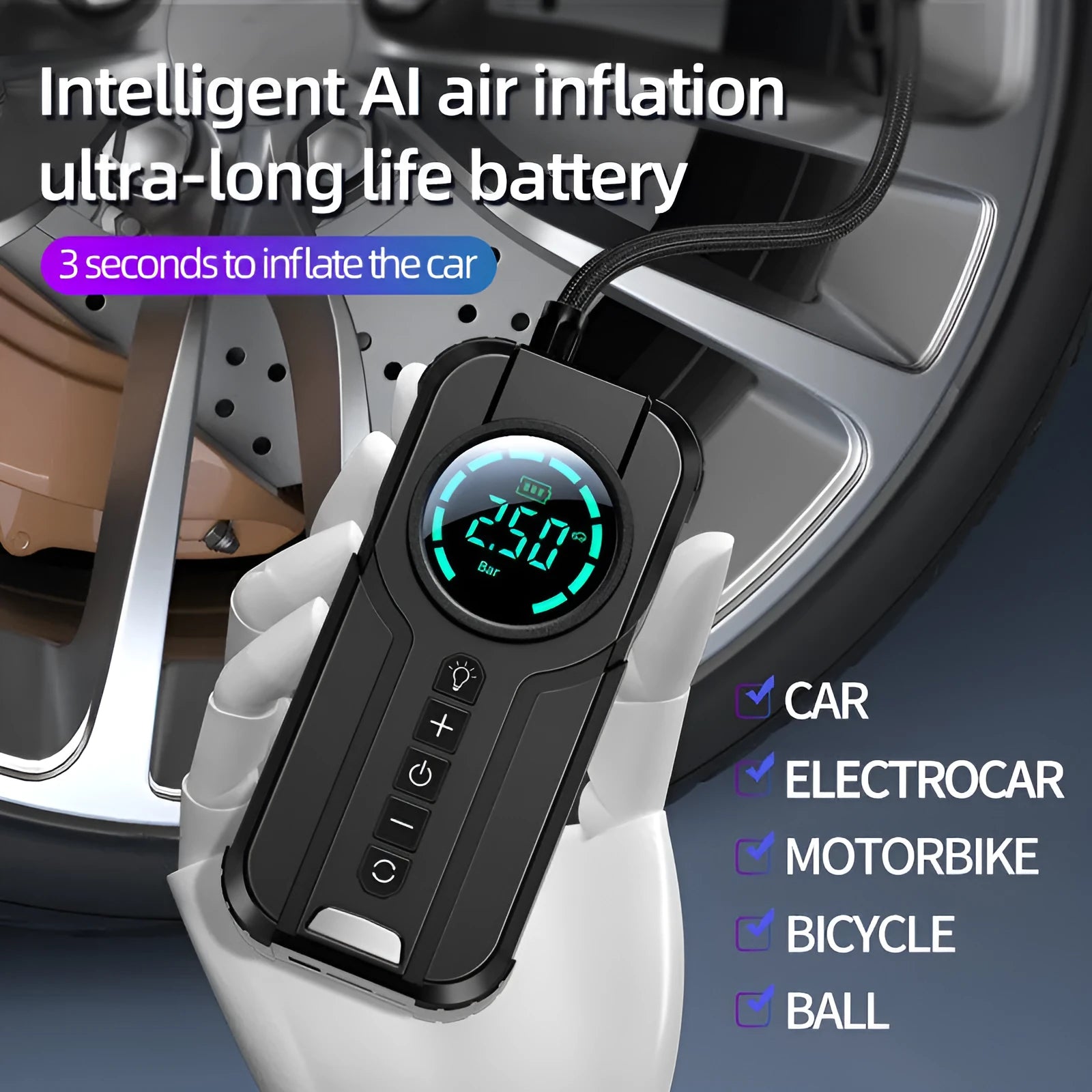 Black portable wireless air pump with digital display, 6000mAh battery, 12V car cable, and nozzle accessories on a grey background