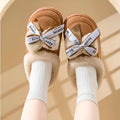 Women's beige cotton half slippers with ribbon bow design and thick EVA sole