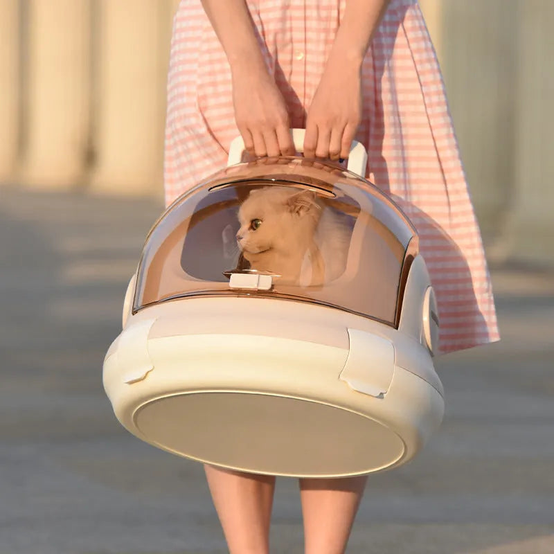 Hard PP portable cat carrier with urine separator in beige colour for travel