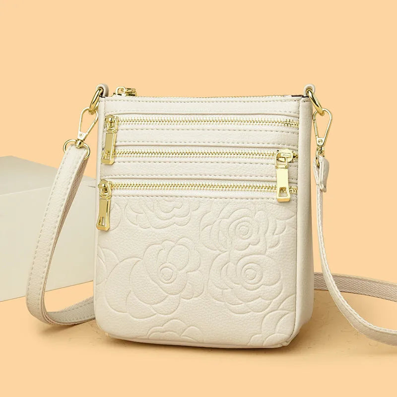 Five-layer mobile phone crossbody bag in beige with embossed PU leather and double shoulder strap