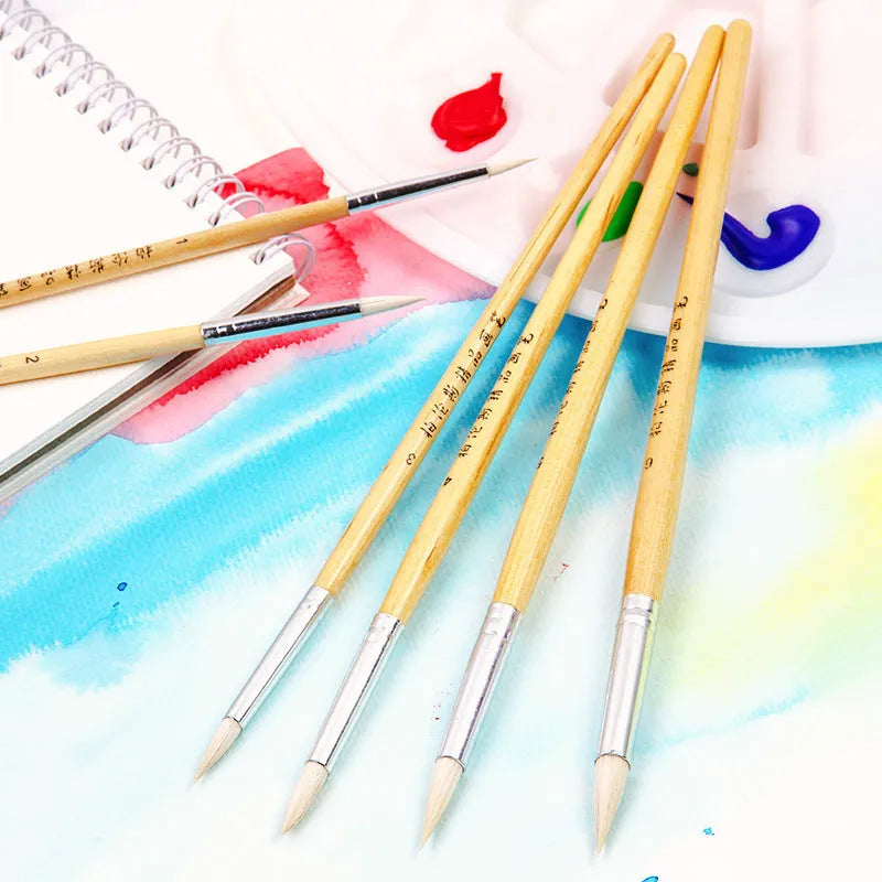 Set of six wooden-handled wool pointed hook line pen brushes for detailed art and calligraphy.