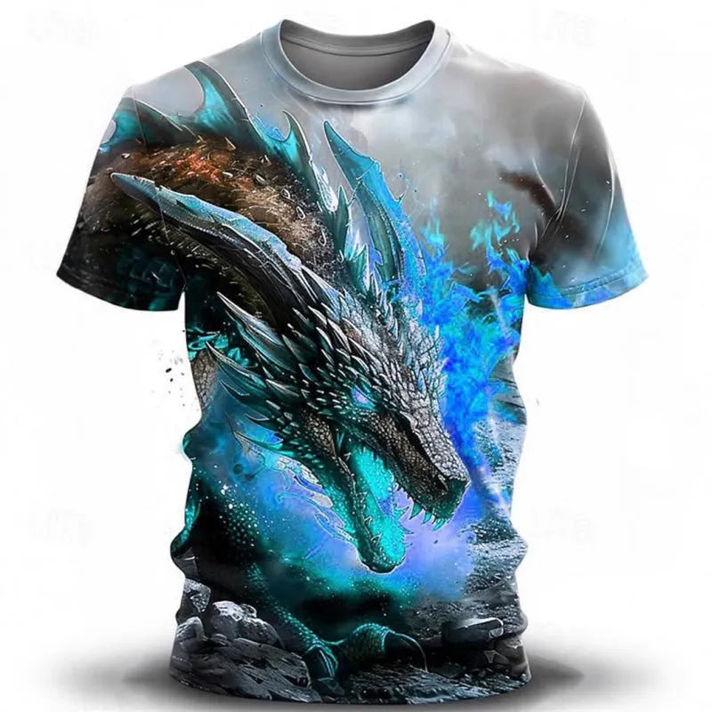 Men's short-sleeved black T-shirt featuring a large, detailed 3D wind dragon print on the front.