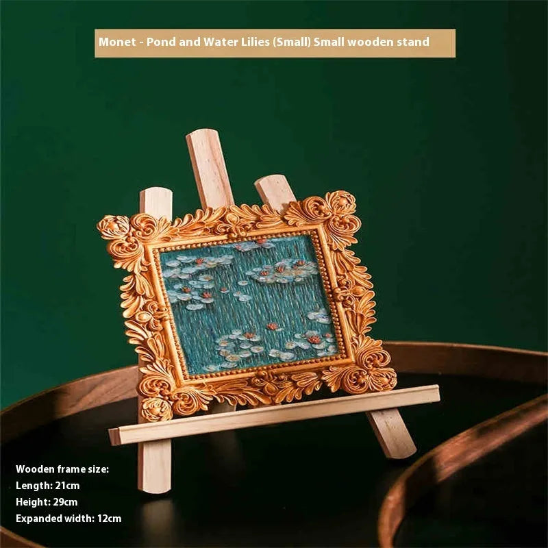 DIY hand drawn oil painting kit showing epoxy pottery base, propylene paints, brushes, and a completed framed Van Gogh 'Starry Night' example.