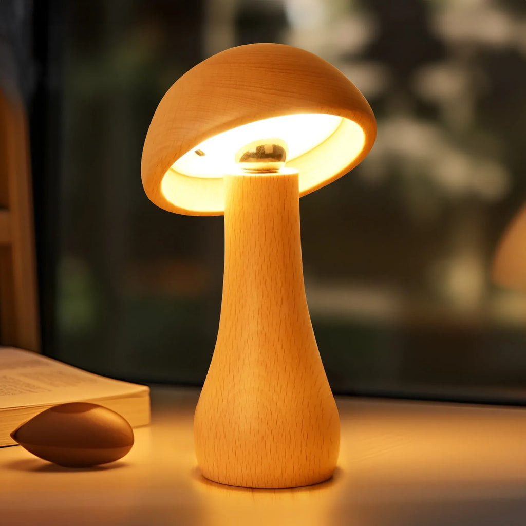 Solid wood mushroom ambience LED table lamp in natural beech colour with button switch