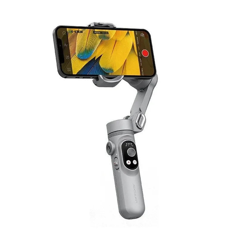 Silver grey three-axis smartphone gimbal stabiliser with extended arms and Bluetooth remote control