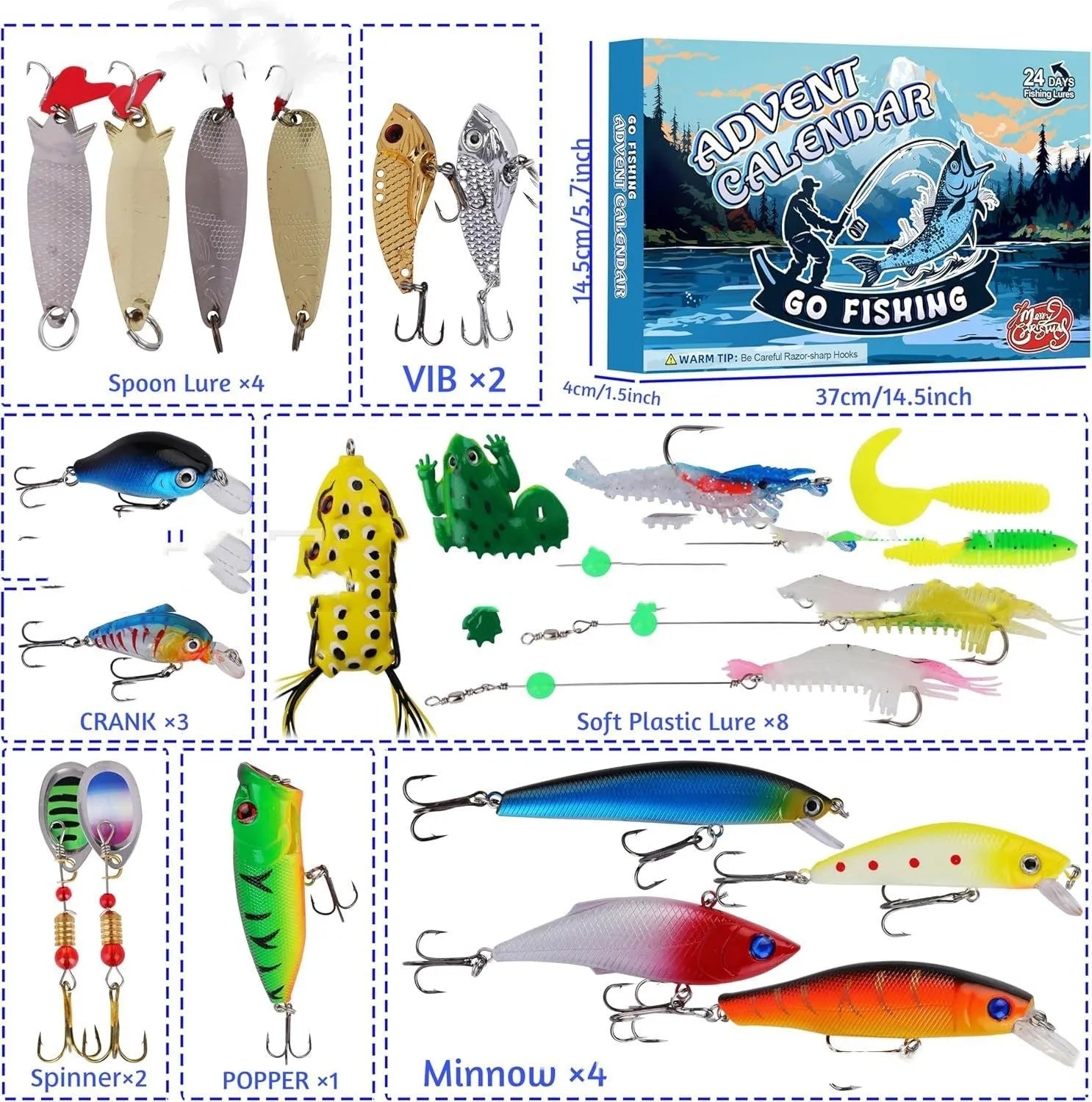 Christmas fishing advent calendar with 24 pockets and pre-filled fish gear set