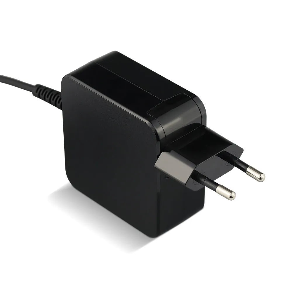 Black Hua 45W laptop adapter with US and EU plug options showing compact dimensions