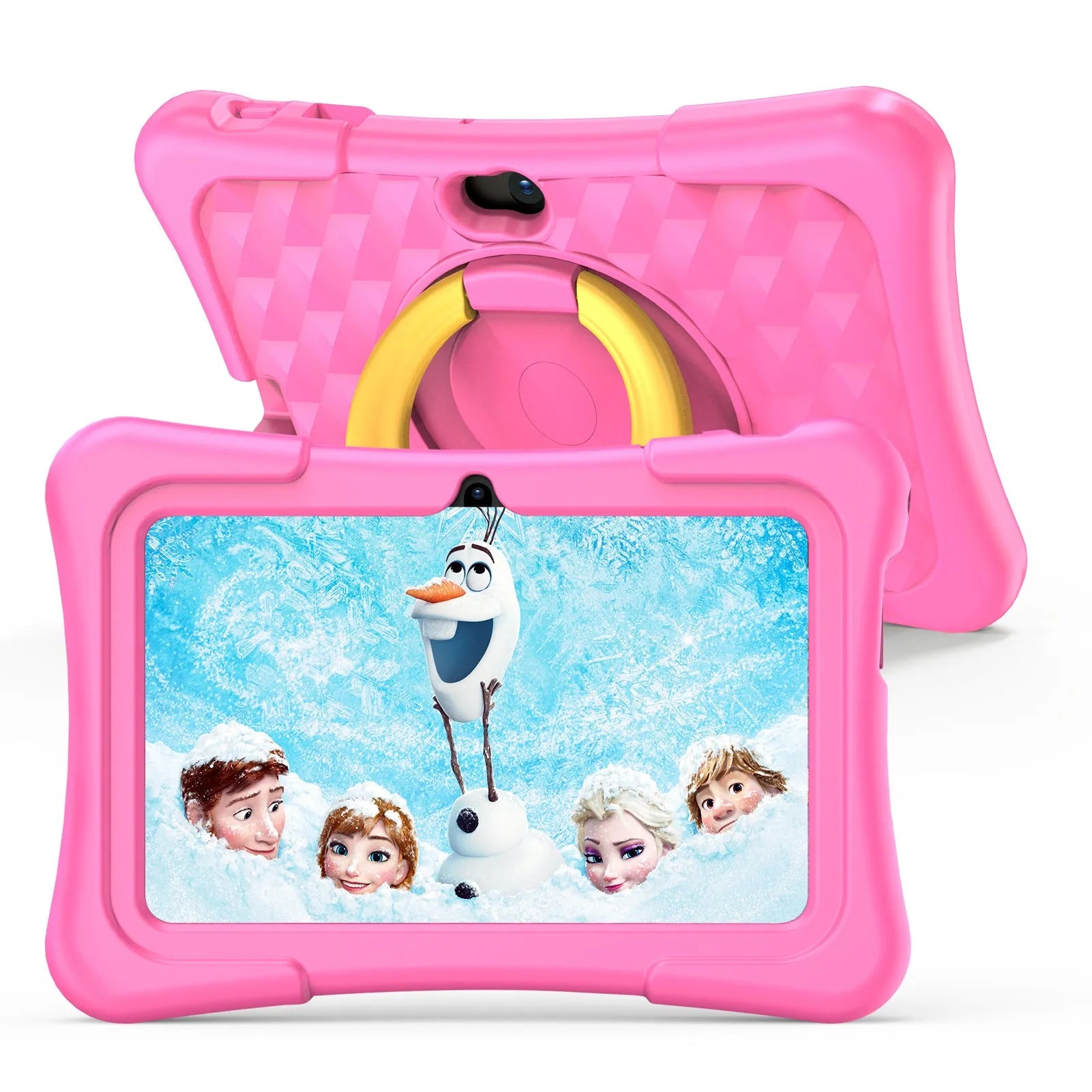 Blue children's tablet with a silicone protective cover and a rotating handle bracket attached.