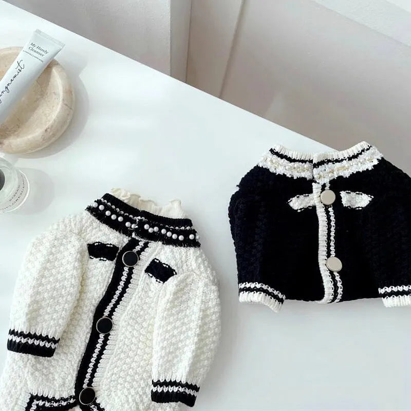 Korean style white puppy sweater with pearl collar for small dogs in XS to XL sizes