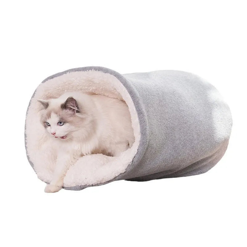 Semi-enclosed cloth cat nest for winter, available in small or large sizes and blue or gray colours