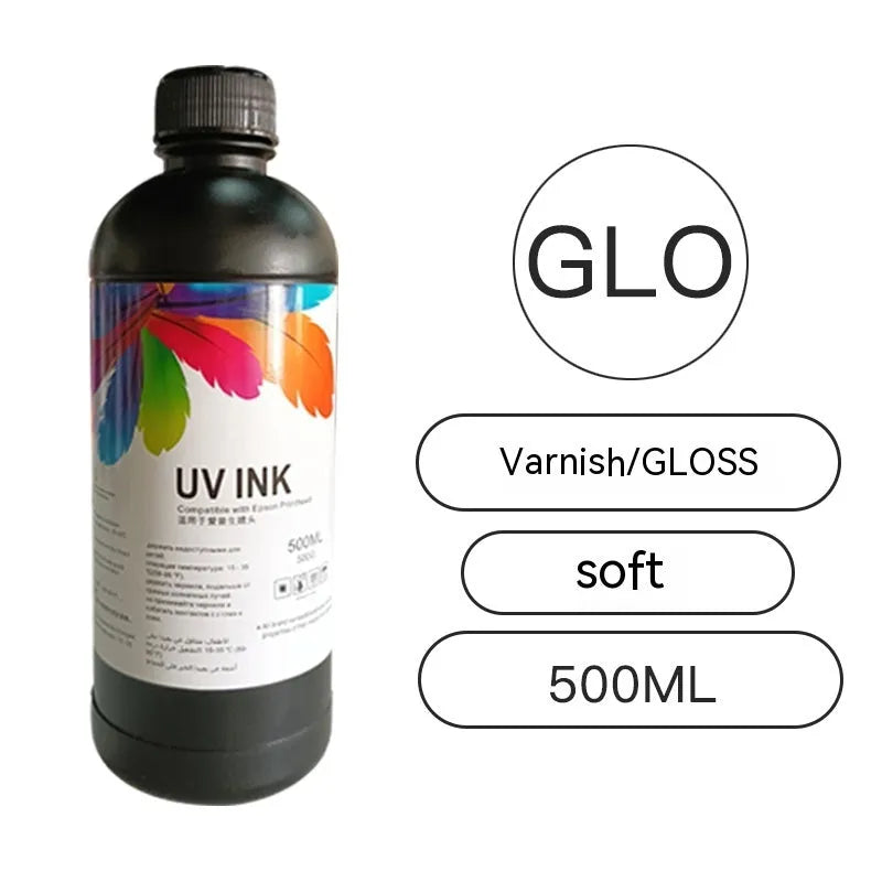 500ml bottle of Epson-compatible UV printer ink in black, cyan, magenta, yellow, light cyan, light magenta, white, and glossy colours.
