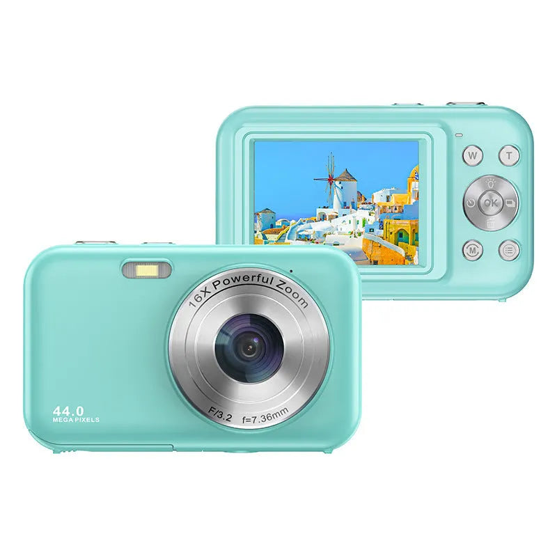 Children's digital camera in purple showing its 2.4-inch screen and lens.