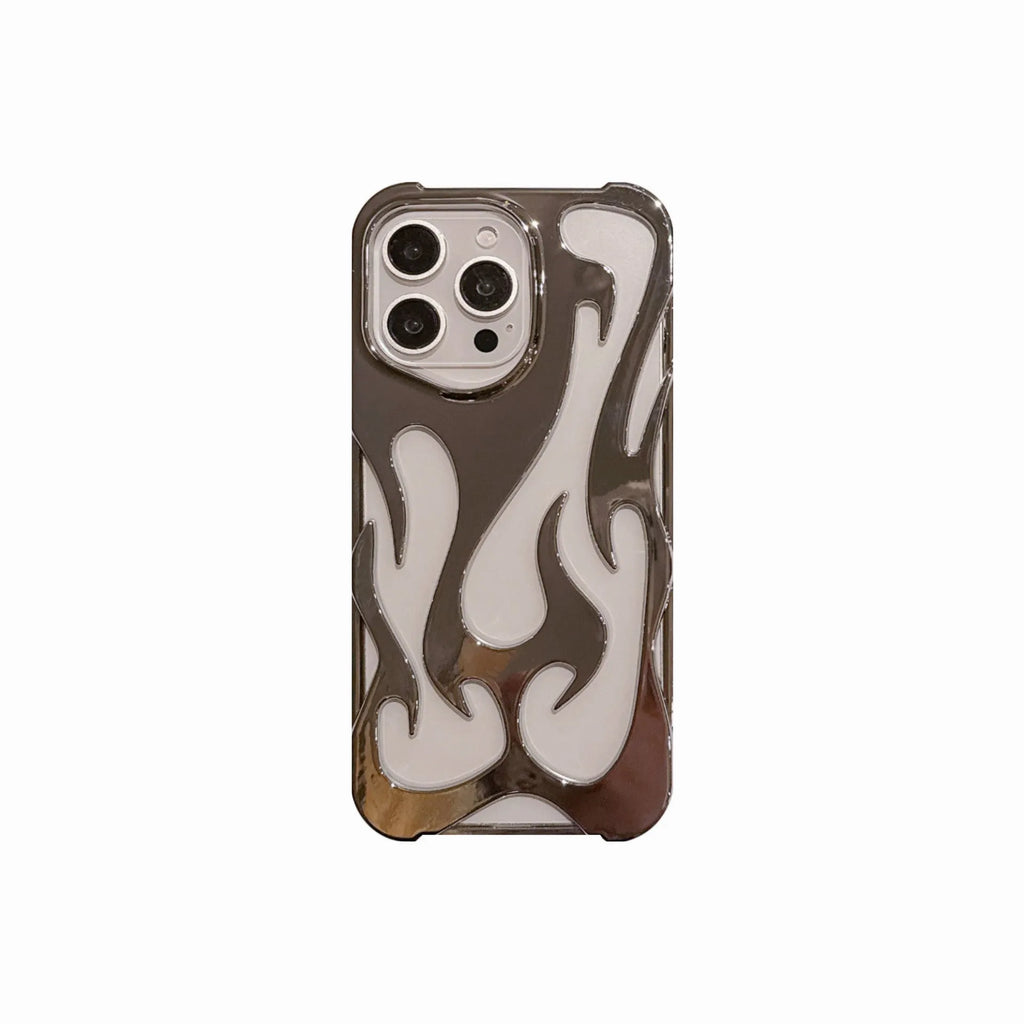 Electroplated hollow flame pattern iPhone case in silver, showing detailed cut-outs and metallic finish on a phone.