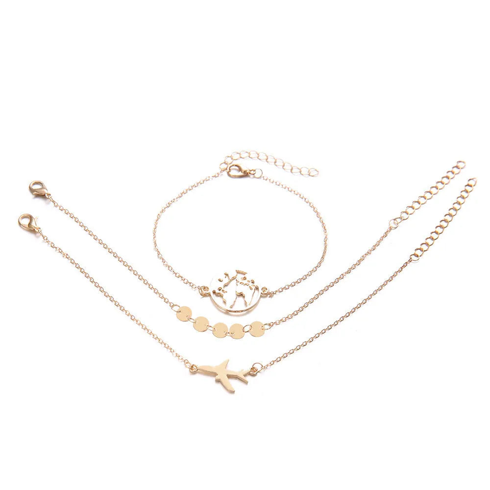 Women's three-piece bohemian charm bracelet set with aircraft map designs on heart-shaped alloy charms