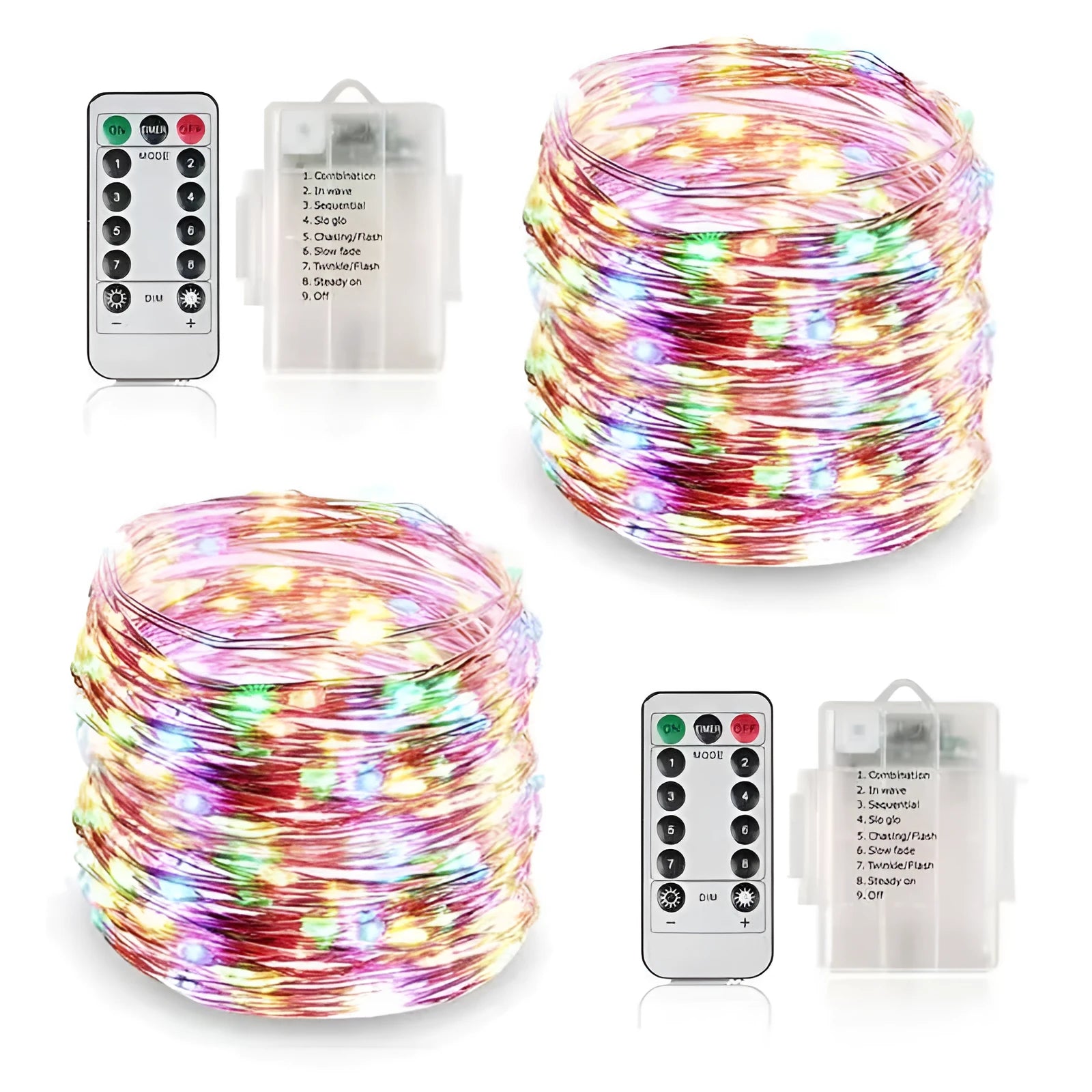 Copper wire fairy lights wrapped around a jar, showing warm white LEDs and a small battery box on a wooden table.
