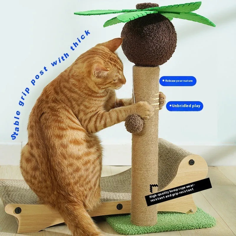 Wooden beach chair-style cat climbing frame with integrated hemp scratching mat.