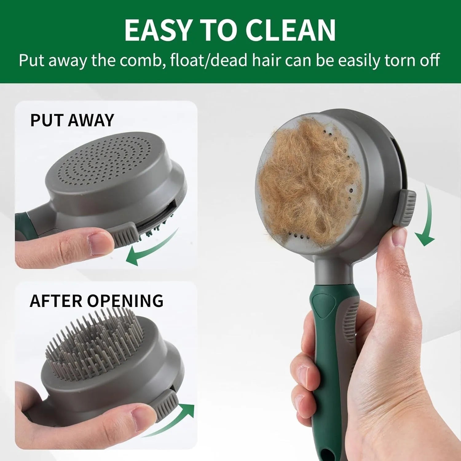 Green and pink two-sided pet brush with retractable slicker brush and silicone octopus-teethed massager