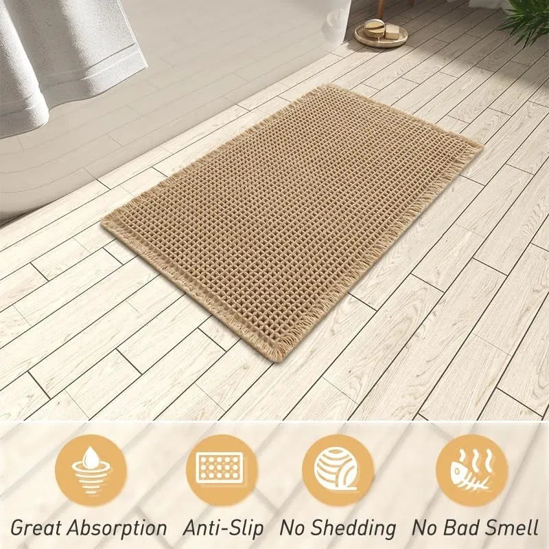 A beige checkered non-slip polyester bathroom carpet on a tiled floor.
