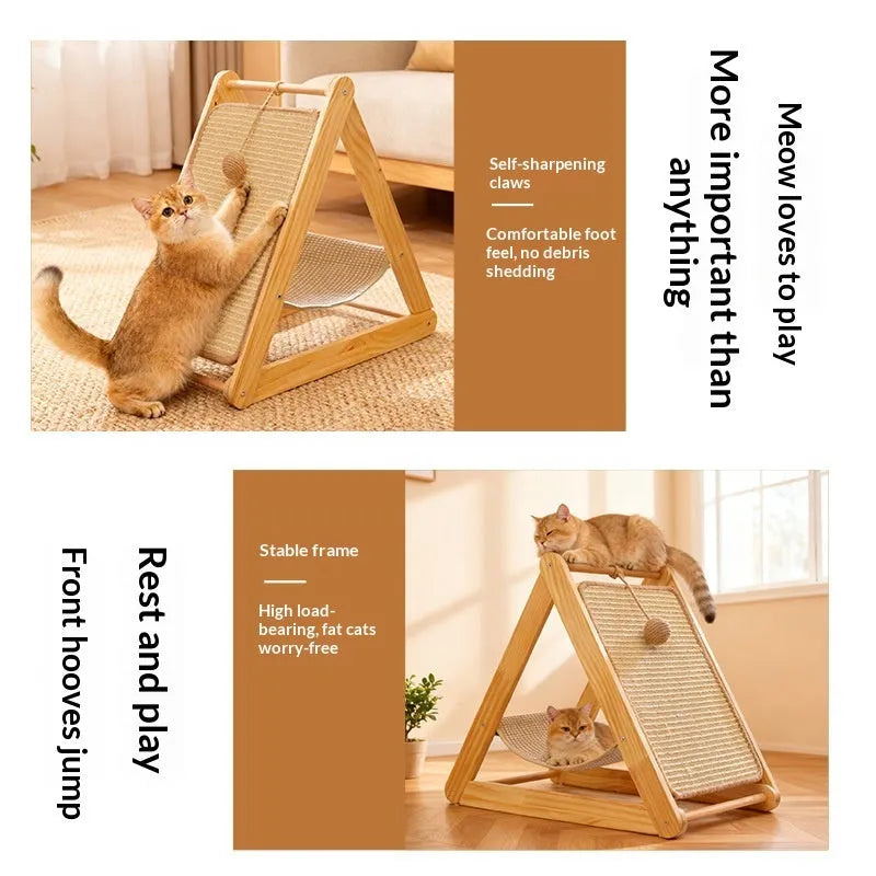 Minimalist all-in-one solid pine wood cat tree with triangle hammock scratch board