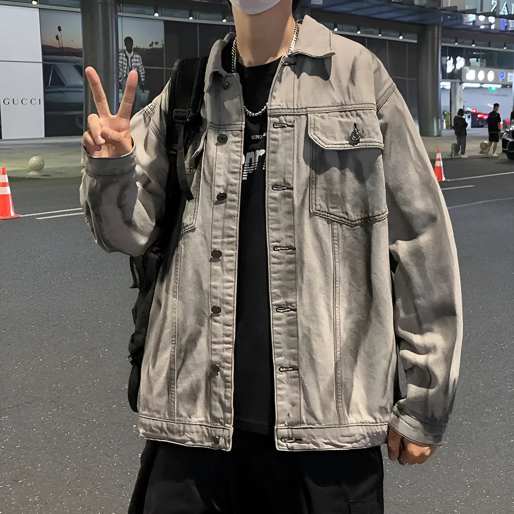 Men's loose-fit tie-dye denim coat in gray with side pockets, autumn style, Hong Kong influence