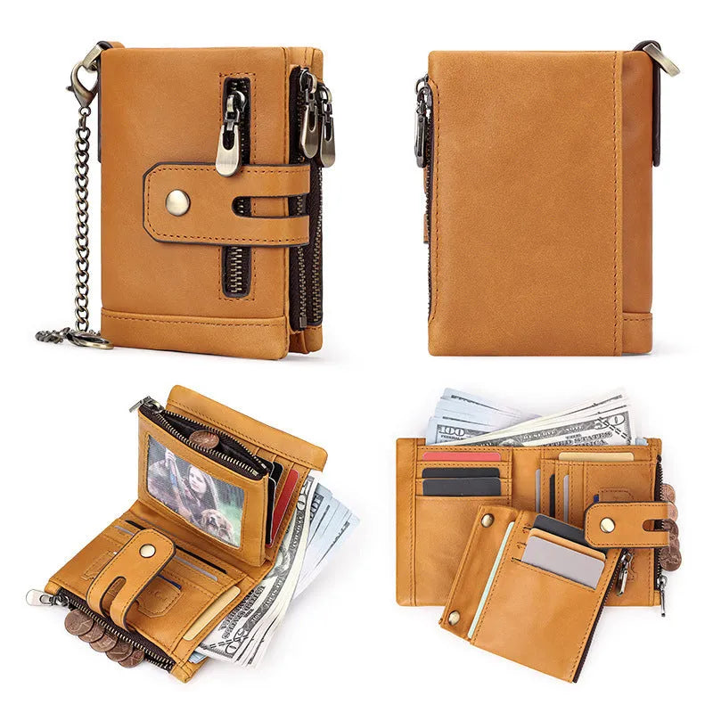 Men's tri-fold genuine leather wallet in brown solid colour with multiple card slots, anti-theft design