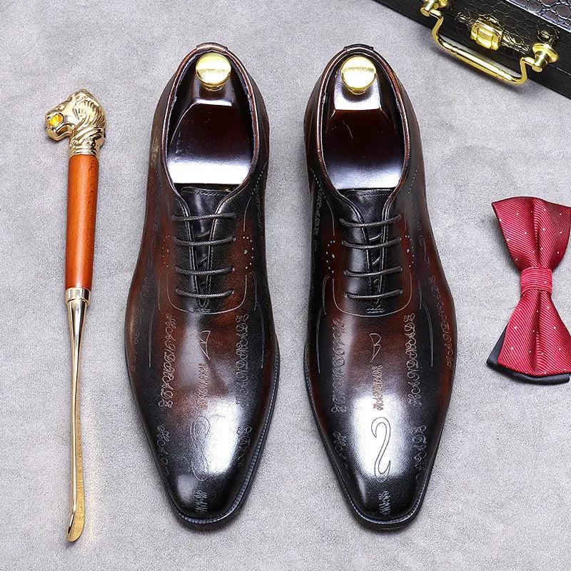 Men's business formal leather shoes in brown cowhide with pointy toe and rubber sole