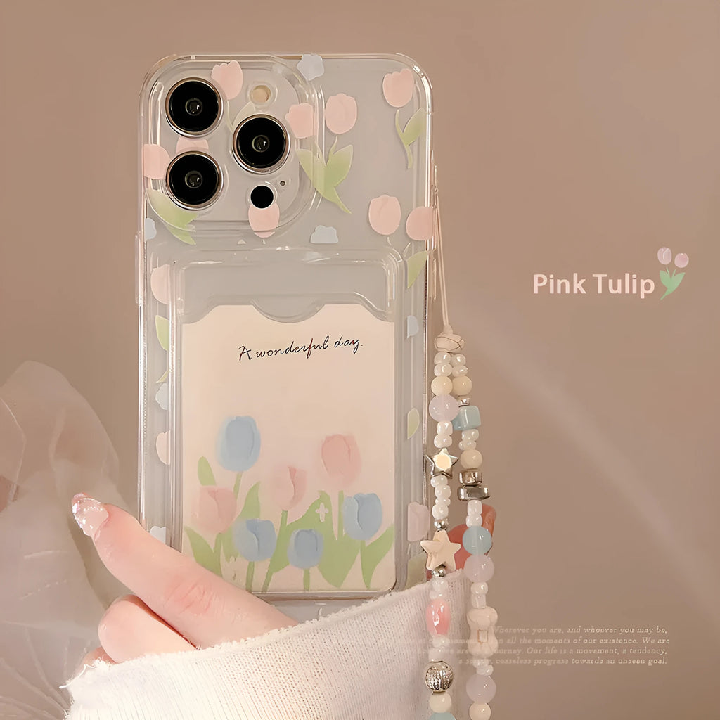 Transparent TPU phone case with tulip flower design and card holder slot for Apple iPhone