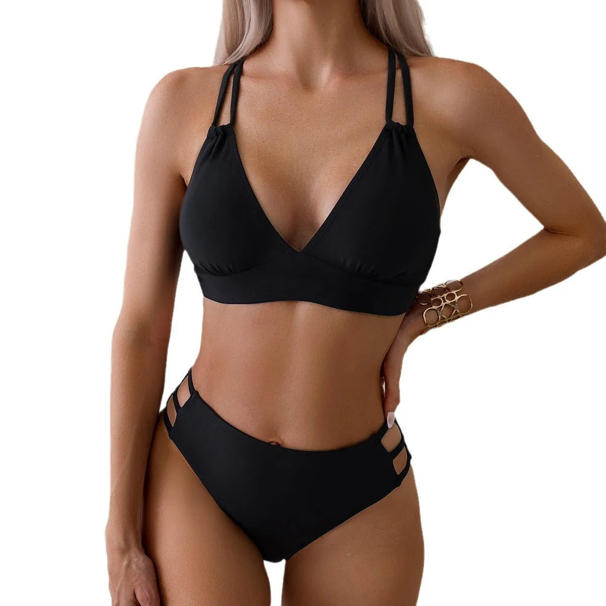 Women's black V-neck halter bikini top with matching high-leg swim shorts on a mannequin.