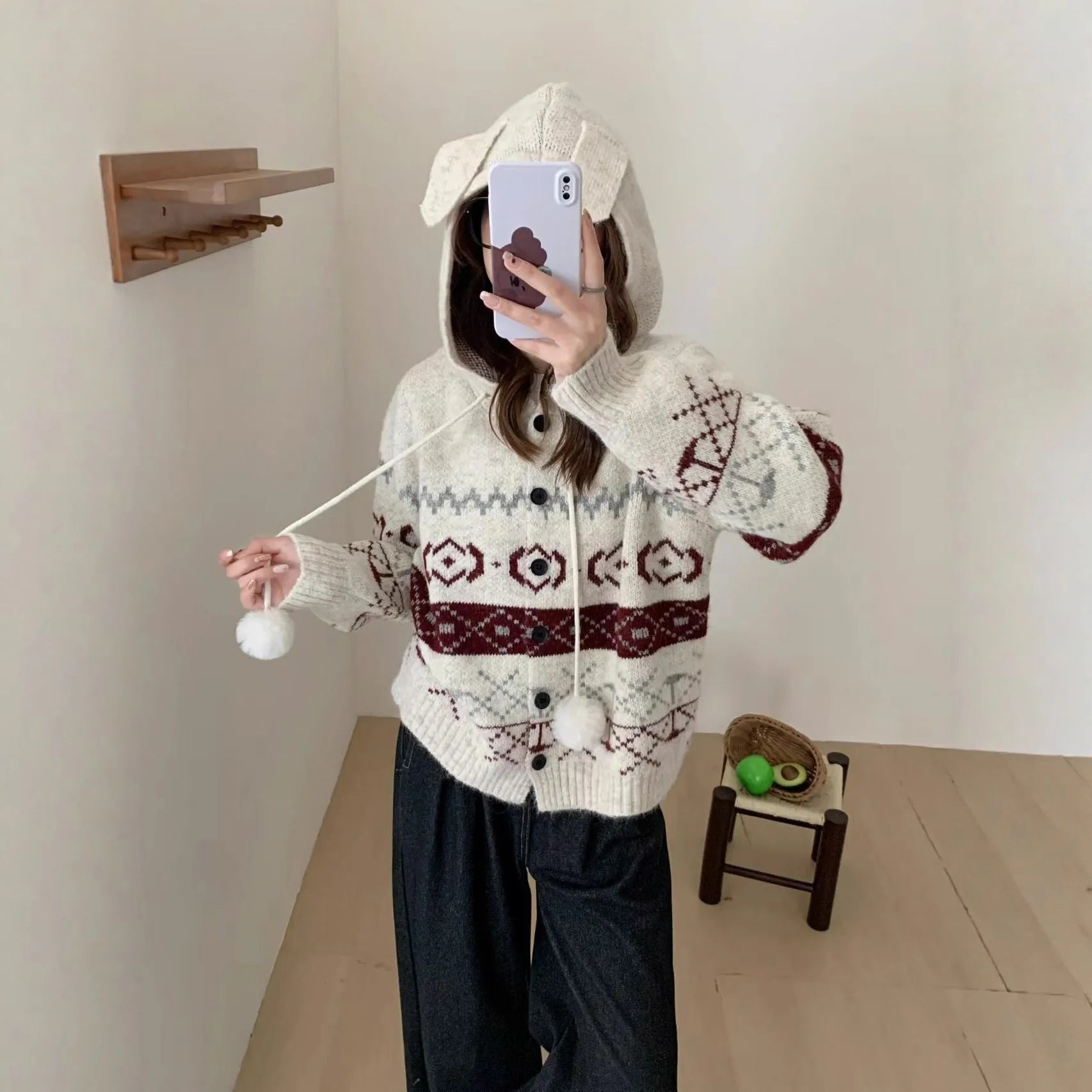 Women's geometric pattern brocade sweater coat in grey, loose fit with long sleeves.