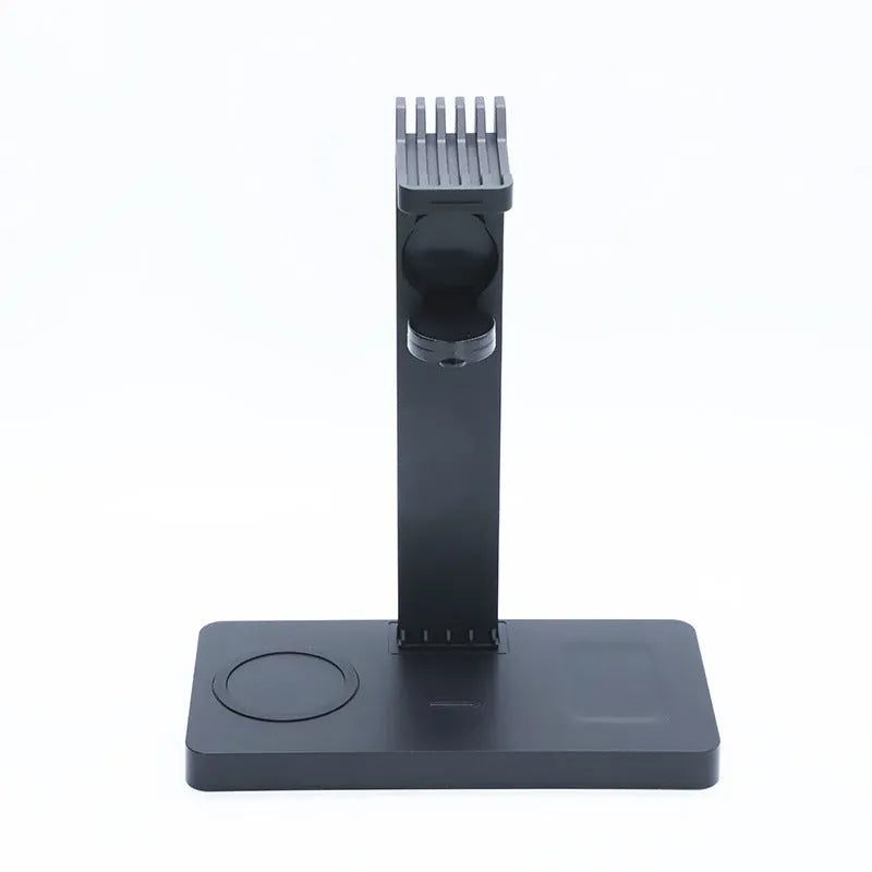 Black wireless charging station for phone, watch and headphones with indicator lights