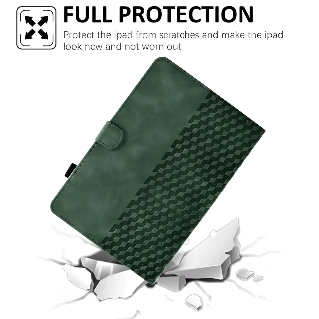 iPad Pro 11 leather case with card holder in diamond embossed pattern, showing stand function.