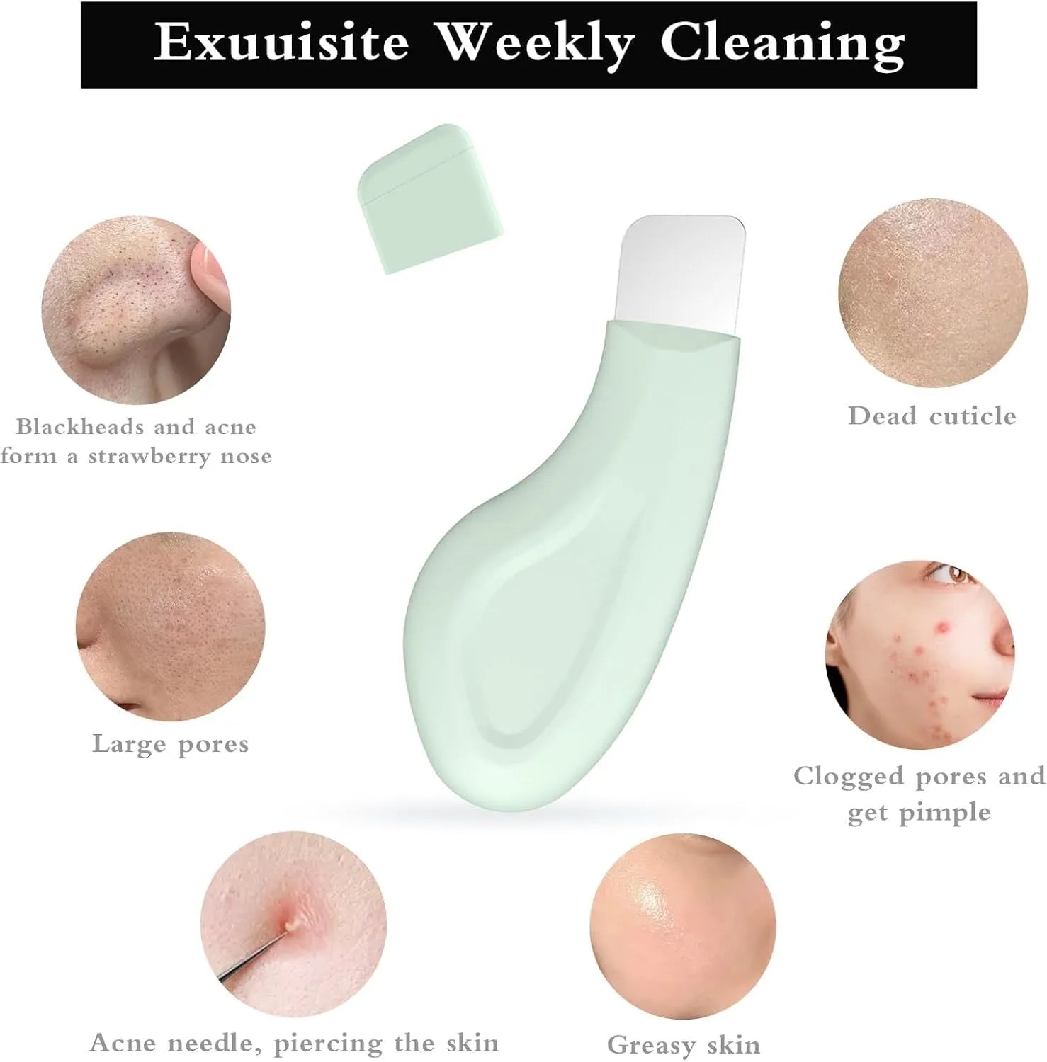 Stainless steel pore scraper face tool with a green silicone non-slip handle.
