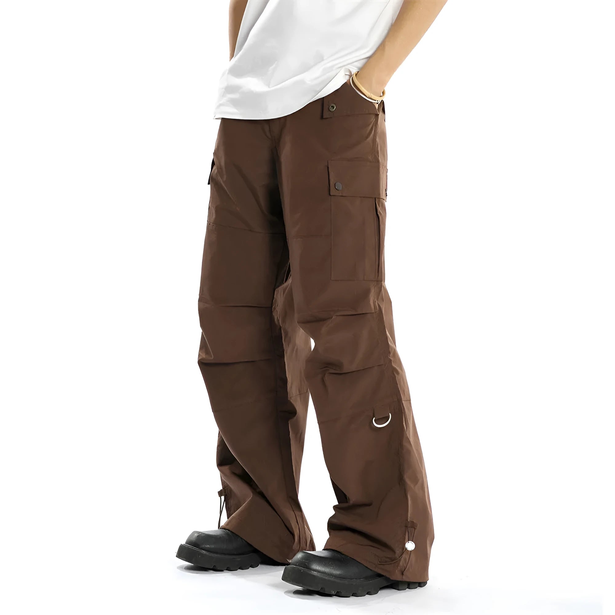 Loose men's cotton trousers in solid colour for street workwear, sizes S to XL, in black and brown