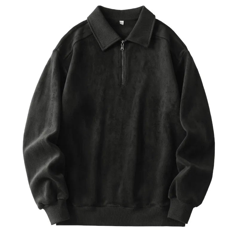 Men's fleece half-zip hoodie in Haze Green, long sleeve winter top with hood and full zip front