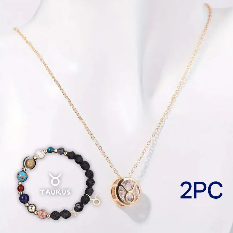 Natural stone beaded necklace and matching bracelet set laid flat, showing one of twelve available style variations.