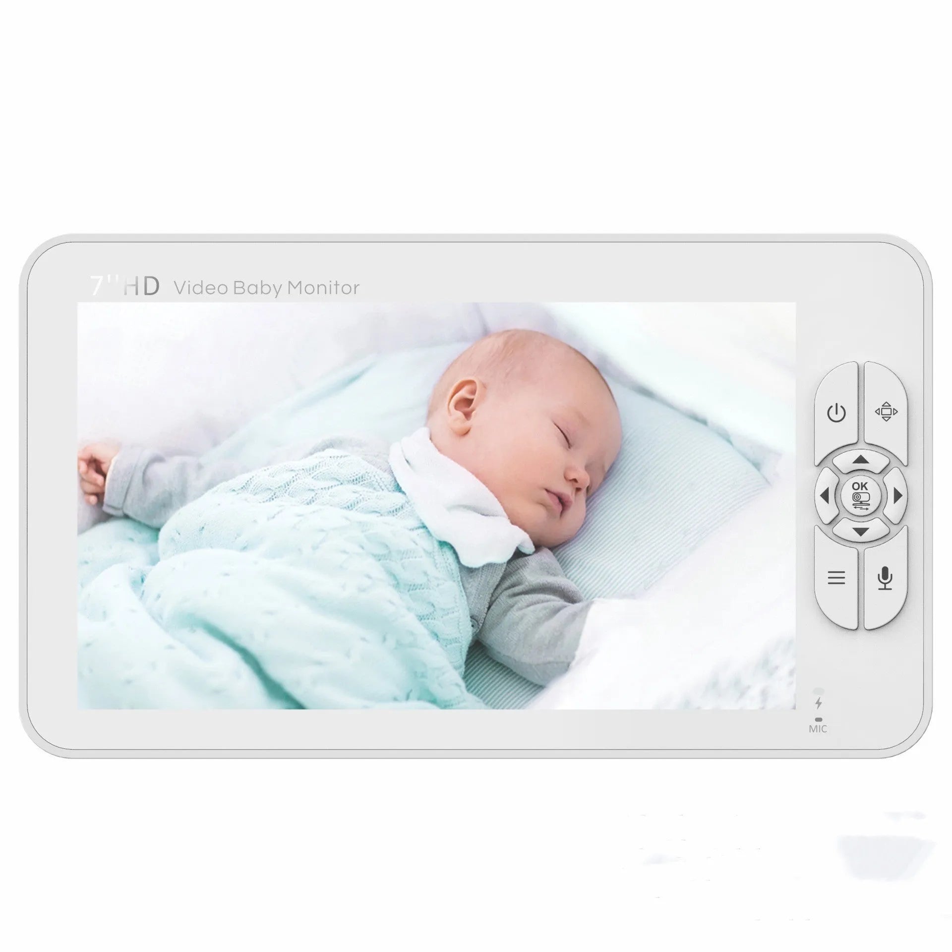 White wireless baby monitor with 7 inch 1080P screen, night vision, and two-way intercom in nursery