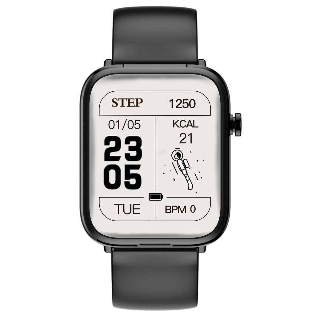 Black smartwatch with 1.69-inch touch screen and integrated Bluetooth earpieces in charging case.