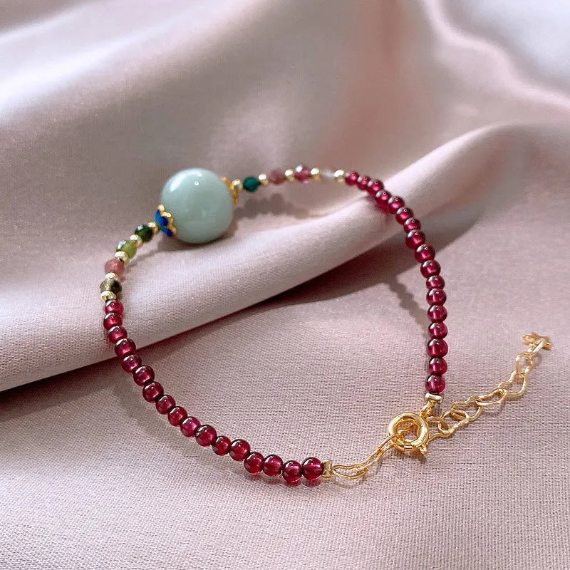 Aquamarine and garnet drop shape bracelet with tourmaline stones in Chinese Korean style