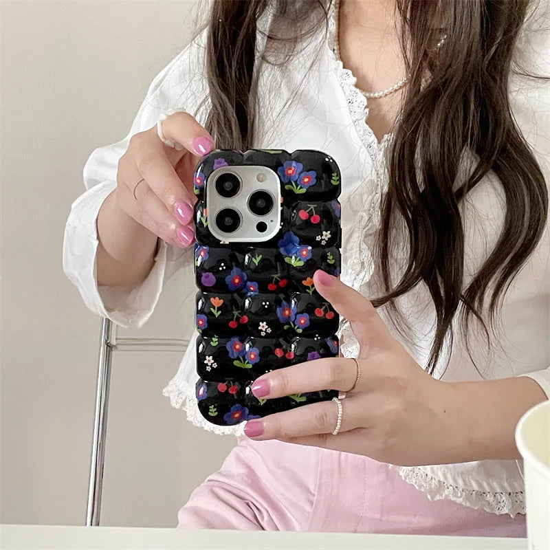 Retro cherry floral plaid TPU phone case for iPhone on black background
