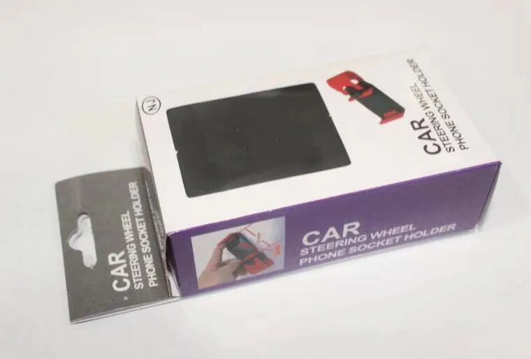 A black car steering wheel mobile phone holder made of ABS plastic.