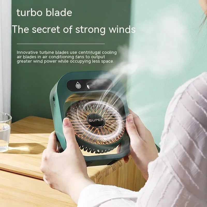 Green and white USB rechargeable portable desk fan with misting humidifier function and adjustable wind direction.