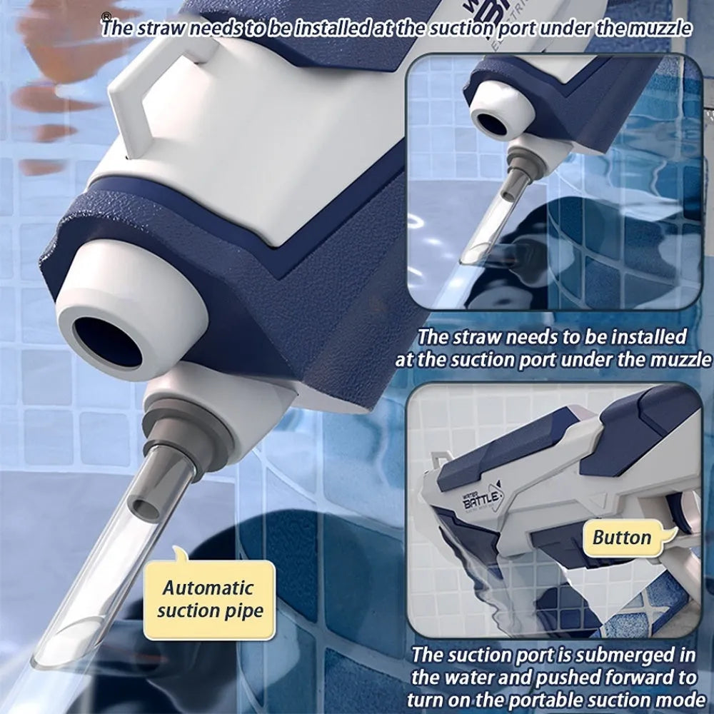 Blue electric water gun with USB charging port and water reservoir