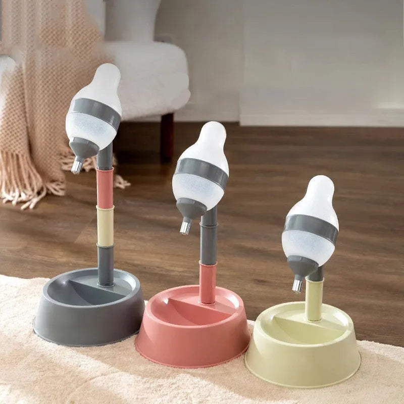 Adjustable height pet water dispenser with detachable pole and non-drip nozzle in green, grey or pink colours
