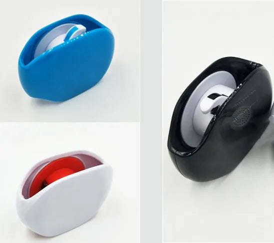 Automatic earphone cable winder unit in blue showing retracted cable, next to a black unit for size comparison.